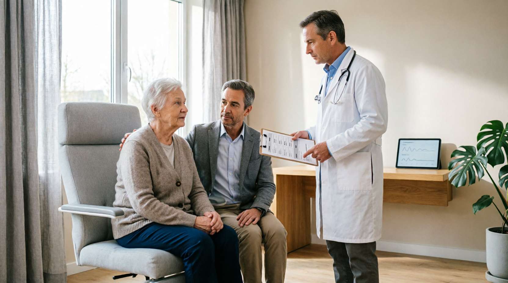 Лечение болезни Альцгеймера Пожилая женщина с сопровождающим беседует с врачом в светлом медицинском кабинете во время консультации